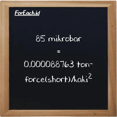 85 mikrobar setara dengan 0.000088763 ton-force(short)/kaki<sup>2</sup> (85 µbar setara dengan 0.000088763 tf/ft<sup>2</sup>)